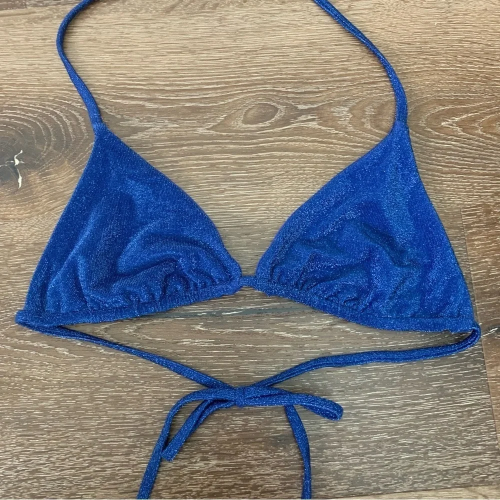Monday swimwear Womens blue shimmer triangle tie neck / tie back bikini top S